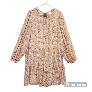 H&M Dress Pink Floral Long Sleeve Knee Length Sheer Lined Sz Large Ruffles
